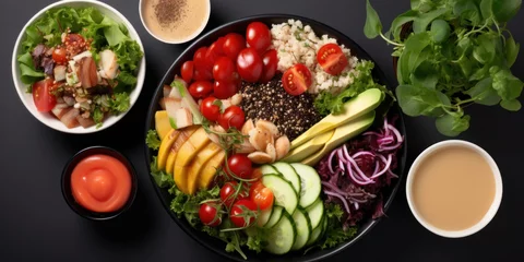 Poster Healthy take away food and drinks, Fresh salad, soup, poke bowl, fruits, coffee and juice. top view. © Wararat