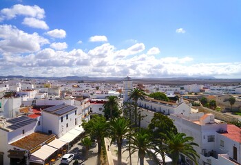 view from the Torre de Guzman tower to the Plaza de Santa Catalina and the roofs of Conil de la Frontera, Costa de la Luz, Andalusia, Spain
