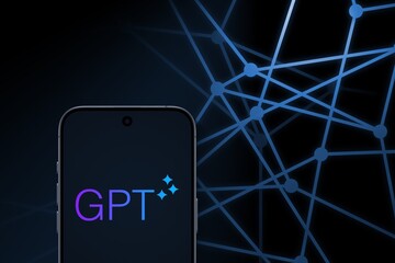 fictional GPT Logo shown on a modern smartphone in front of connected dots in front of a dark blue...