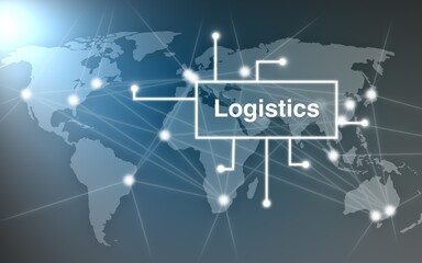 Logistics concept map with a world map with connections between cities in front of a gray gradient background, warehouse, transport, globalization, distribution, supply chain, economy, import, export