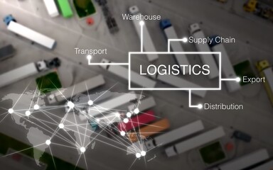 Logistics concept in the background an aerial view with many trucks in a truck stop and a world map with links, freight forwarding, globalization, sales, supply chain