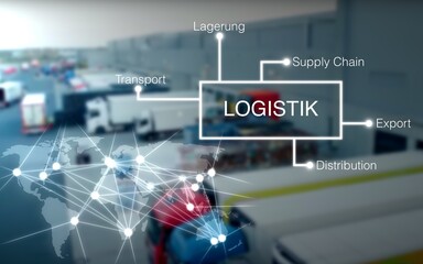 Logistik Konzept im Hintergrund ein Logistikzentrum mit vielen LKWs und eine Weltkarte mit...