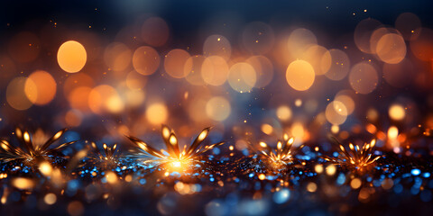 Fototapeta na wymiar Abstract bokeh shimmering golden glitter decorations with blurry defocused background