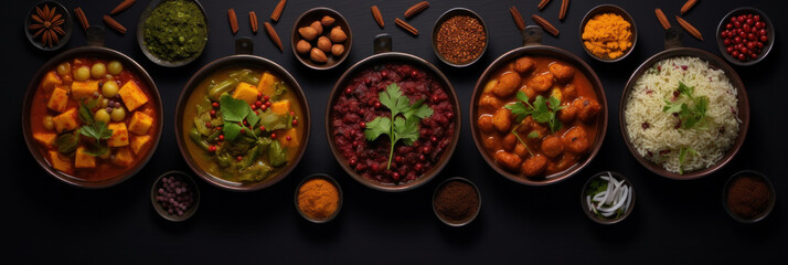 Indian food in bowls on dark table. top view. - obrazy, fototapety, plakaty