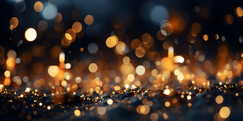 Abstract bokeh shimmering gold glitter lights with blurry defocused background