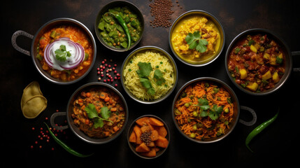 Indian food in bowls on dark table. top view.