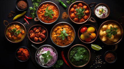 Indian food in bowls on dark table. top view.