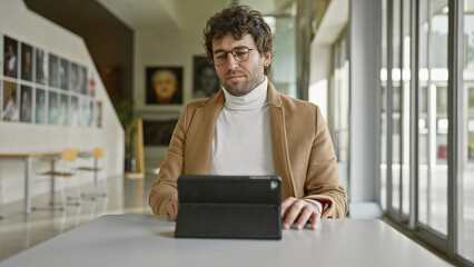 Handsome hispanic man with beard using tablet in a modern office interior.