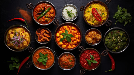 Indian food in bowls on dark table. top view.