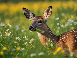 Poster Roe deer, Capreolus capreolus. Beautiful blooming meadow with many white and yellow flowers and animal © Putri182