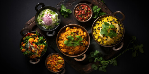 Indian food in bowls on dark table. top view.