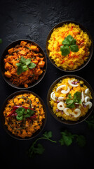 Indian food in bowls on dark table. top view.