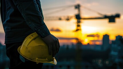 Fototapeta na wymiar engineer holding yellow helmet for workers security on background of new highrise apartment buildings and construction cranes on background of evening sunset cloudy sky Silhouette Crane lifts load