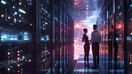 Female and Male IT Engineers Discussing Technical Details in a Working Data Center/ Server Room with Internet Connection Visualisation.