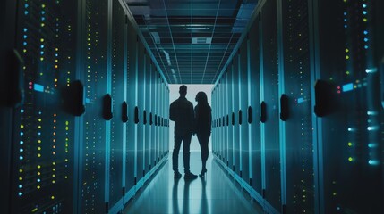 Female and Male IT Engineers Discussing Technical Details in a Working Data Center/ Server Room with Internet Connection Visualisation.