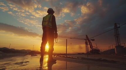 construction worker control a pouring concrete pump on construction site and sunset background