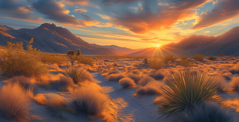 Desert landscape, dry bushes with sunsetting. Generative AI.