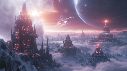 future architecture on planet, cyberpunk style,spacecraft flying,City lights under a twilight sky by the waterfront