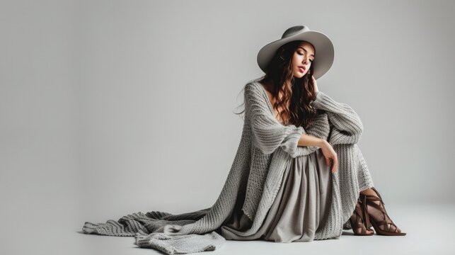 Fashionable woman in a hat, dress and long grey sweater, accessories, high heels, posing in studio. Fashion autumn photo