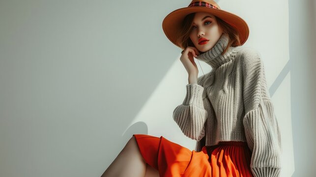 Fashionable woman in a hat, dress and long grey sweater, accessories, high heels, posing in studio. Fashion autumn photo