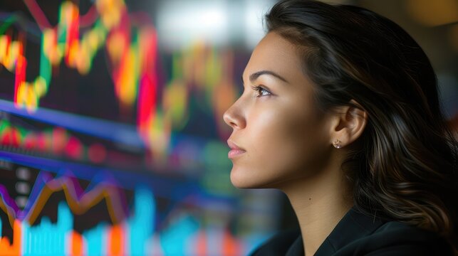 Female analyst viewing financial market data on a screen