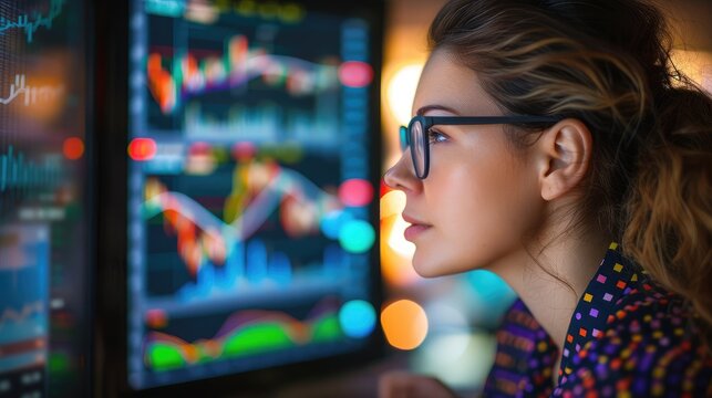Female analyst viewing financial market data on a screen