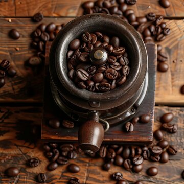 Coffee beans arranged around a coffee grinder