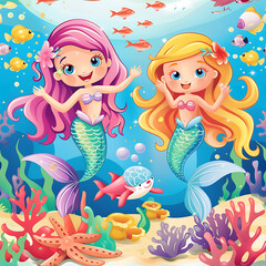 Obraz na płótnie Canvas Cute mermaids cartoon seamless pattern background for kids.