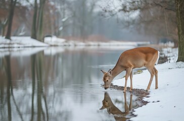 A deer quenches its thirst in a lake among a snow-covered forest, its reflection is reflected on the surface of the water