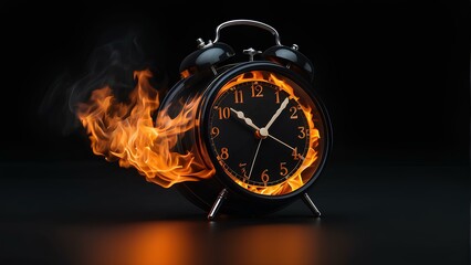 Time Ablaze: Black Clock on Fire Against Isolated Black Background.
Conceptual, Symbolic and...