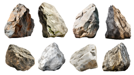 Collection set of big hard rock boulder stone on transparent background cutout, PNG file. Many different design. Mockup template artwork graphic
