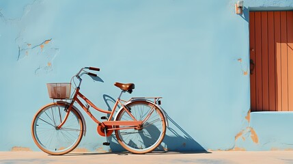 A top view of a bicycle parked on a sunny street against a clear sky blue background, inviting you...