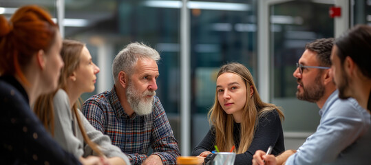Group of people working together in an office café, using laptops and tablets, smiling and talking, meeting in front of a glass board in the office