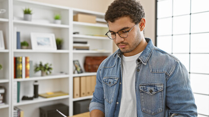 Young man with beard, wearing glasses and denim jacket, reading document in a modern office setting.