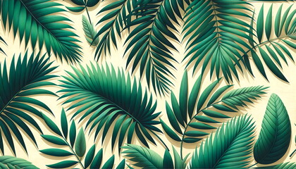 Naklejka premium Top view tropical green leaves and palms with white paper texture, nature flat lay concept with copy space.