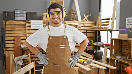 Fototapeta premium Smiling man wearing safety gear standing confidently in a carpentry workshop