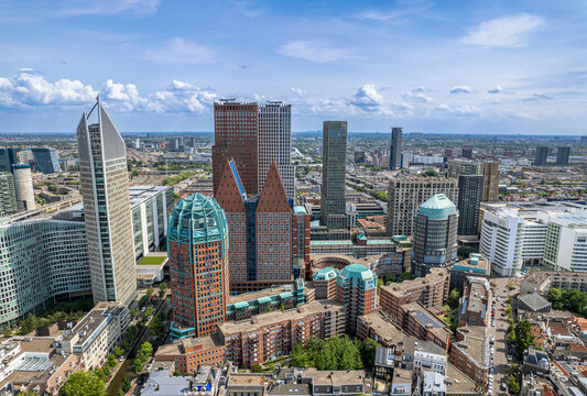 The drone aerial view of Hague City Skyline with urban skycrapers. The Hague (Den Haag) is a city and municipality of the Netherlands.