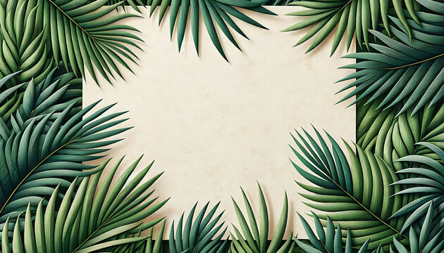 Top view tropical green leaves and palms frame border decoration on cream background, nature flat lay concept with copy space.