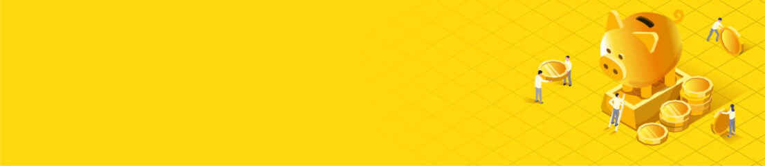 isometric background banner illustration of gold piggy bank and coins with people