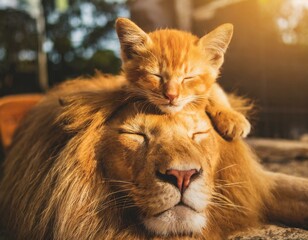 Fototapeta premium 仲良く寝てる茶トラ猫とライオン