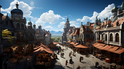 A top view of a bustling market square with vendors and shoppers, with blue skies and fluffy clouds overhead, capturing the vibrant energy of a lively urban scene