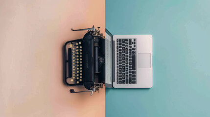 Half Vintage Typewriter, Half Modern Laptop. Evolution of Writing Technology Concept - obrazy, fototapety, plakaty