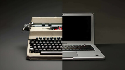 Half Vintage Typewriter, Half Modern Laptop. Evolution of Writing Technology Concept