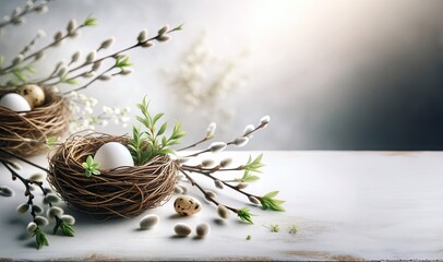 Easter composition with white egg in nest and pussy willow twigs on a cut section of a tree trunk - obrazy, fototapety, plakaty