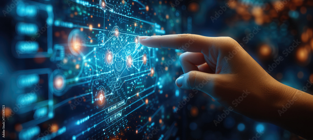 Poster Hand pointing to digital images on the screen, in the style of abstract structures, navy and azure, busy compositions, scientific diagrams, molecular. Generative AI.