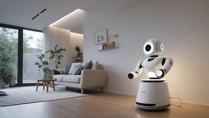 Household robot that works automatically in the house. Home innovation, smart technology