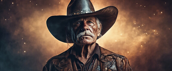 Old cowboy. An elderly man in a cowboy hat. Heroic, stern image of a man. Dramatic plot. AI generated