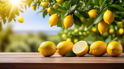 Lemons and lemons leaves on a wooden table on a blurred background of an lemon grove. Generated with AI