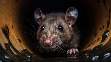 A brown rat in a water pipe.