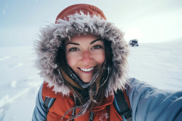 Fototapeta premium A happy beautiful woman traveler in the arctic. Ice and snow on eyelashes, face and clothes. Cold polar climate. Extreme travel and expeditions to the Arctic.